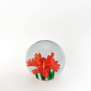 Vintage Art Glass Paperweight Red Flower Chrysanthemum? Floral MCM Decor.